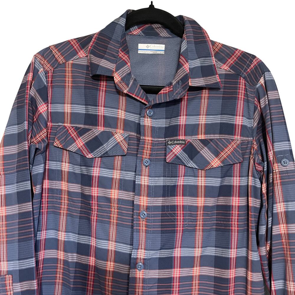 Columbia Nylon Plaid Long Sleeve Button Down Shirt Blue Gray Red Size XS - Picture 2 of 8